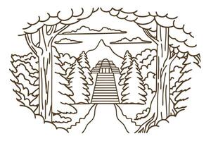 Nature landscape with mountain, forest, and trail under cloudy sky vector