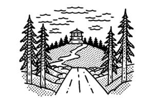 scenic mountain cabin surrounded by tall pine trees, winding path leading through nature vector