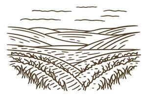 Scenic landscape outline with rolling hills and fields under a cloudy sky vector