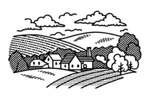 Rustic countryside landscape, quaint village with fields and rolling hills under a cloudy sky vector