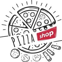 Artistic pizza shop logo showcasing pizza slices, cookies, and breadsticks vector