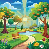illustration of a beautiful park with a bench and trees vector