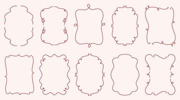 Set of vintage elegant hand-drawn decorative frames with a red outline. Each frame features a unique wavy, curly, or looped border. Design perfect for invitations, greeting cards, wedding and birthday vector