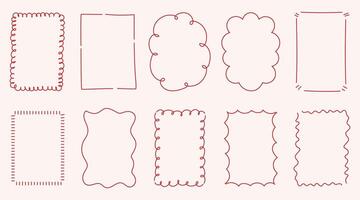 Set of ten elegant hand-drawn decorative frames with a delicate red outline. Each frame features a unique wavy, curly, or looped border. Design perfect for invitations, greeting cards vector