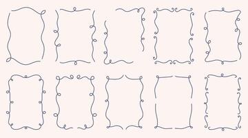 Set of ten elegant hand-drawn decorative frames with a delicate blue outline. Each frame features a unique wavy, curly, or looped border. Design perfect for invitations, greeting cards vector
