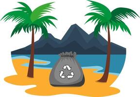Recycling bag on beach with palm trees, environmental icon showing waste collection in tropical landscape with mountains vector