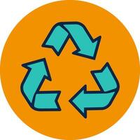 Teal recycling symbol on an orange circle, an environmental icon showing three chasing arrows representing reuse and sustainability vector