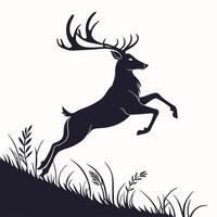 Silhouette Of Deer Jumping Over Grass vector