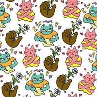 seamless pattern with cats characters in love and nature vector