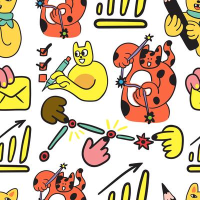 seamless pattern with cats characters and infographics