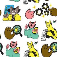 seamless pattern with cats characters and icons vector