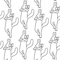 seamless pattern with reading cat in doodle style vector