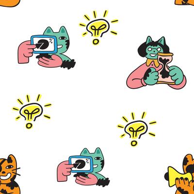 seamless pattern with cats characters and idea icon