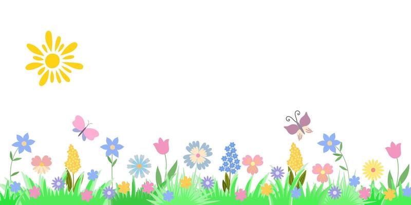 Easter or spring banner with flowers, butterfly, doodle sun, grass festive meadow pattern horizontal border, hand drawn illustration traditional celebration decor for card, poster, invitation