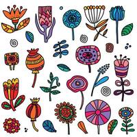 Doodle flowers with buds and open petals, unique plants and twigs of decorative. vector