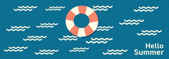 Minimal summer illustration banner with lifebuoy floating on blue water with white waves and hello summer text vector