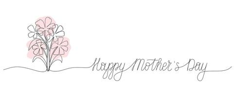 Happy Mother's Day one line art banner template. Abstract pink Flowers bouquet in outline drawing for greeting card, poster, posts. Continuous editable stroke. vector