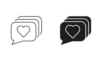 Social Media Communication Symbol. Comment Notification. Heart With Speech Bubble Line and Silhouette Icon Set. Love Message Pictogram. Editable Stroke. Isolated Illustration vector