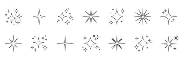 Star And Sparkle Decorative Line Icon Set. Ornamental Starburst And Twinkle Outline Symbol Collection. Editable Stroke. Isolated Illustration vector