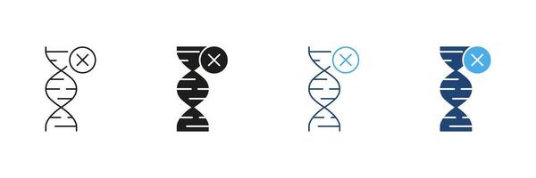 DNA Line and Silhouette Icon Set with Cross Symbol, Genetic Mutation or DNA Modification Issues in Biology and Chemistry. Editable Stroke. Isolated Illustration vector