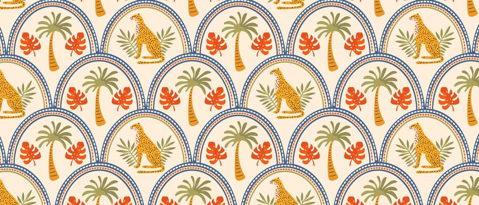 Summer pattern with tropical palm tree and leopard in retro style. Cute jungle print, beach background, safari.