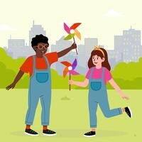 Kids enjoy playing with colorful pinwheels in a city park on a sunny afternoon vector