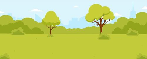 Green park landscape with trees and a city skyline in the background on a sunny day vector