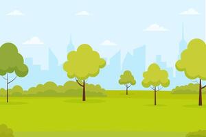 Lush green park with trees and skyscrapers in the background during a sunny day vector