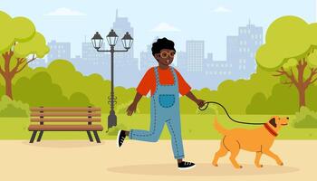 Young person enjoys a sunny day walking a dog in a city park with greenery around vector