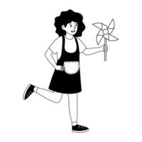 Child plays joyfully with a colorful pinwheel in a park on a sunny day vector