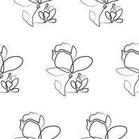 black and white poster pattern with flowers, namely with open magnolia buds in line art style vector
