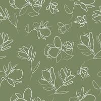 green seamless pattern with various branches with magnolia blossoms in line art style vector