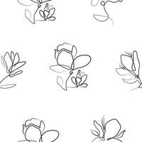 black and white pattern with various branches with magnolia blossoms in line art style vector
