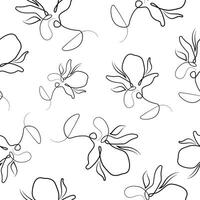 black and white seamless pattern with flowers, namely with a branch with magnolia blossom in line art style vector