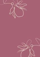 pink greeting card or invitation template with flowers, namely with a branch with magnolia blossom in line art style vector