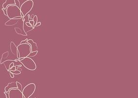 pink poster template with flowers, namely with open magnolia buds in line art style vector