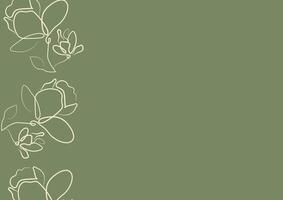 green poster template with flowers, namely with open magnolia buds in line art style vector