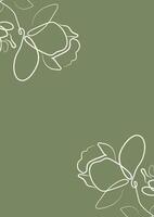 green greeting card or invitation template with flowers, namely with open magnolia buds in line art style vector