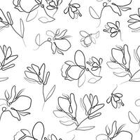 black and white seamless pattern with various branches with magnolia blossoms in line art style vector