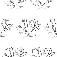 black and white pattern with flower buds, namely with magnolia flowers on branches in line art style vector