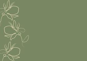 green poster with flowers, namely with a branch with magnolia blossom in line art style vector