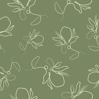 green seamless pattern with flowers, namely with a branch with magnolia blossom in line art style vector