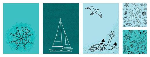 Set of postcards in marine style and seamless patterns. Items of seafaring and animals of the underwater world. Doodle illustration vector