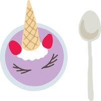 Spoon and bowl with smoothie with unicorn ice cream strawberry ears flat style. Hand drawn vector
