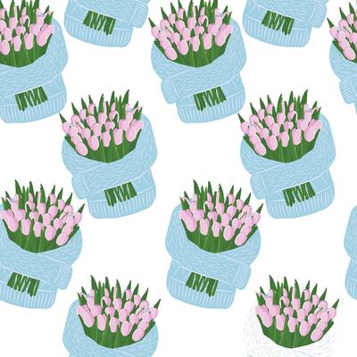 Seamless pattern with hand drawn blue sweater with armful of pink tulips. Clothes, weather, seasonal, fashion background, Flower delivery.