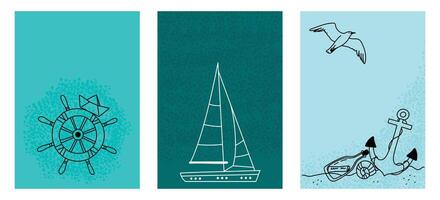 Set of postcards in marine style with space for text. Items of seafaring. Marine vertical wallpaper, background with texture. doodle illustration vector