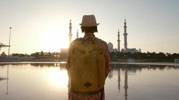 female tourist enjoys serene moment admiring stunning view of the Sheikh Zayed Mosque in Abu Dhabi. grand architecture and peaceful surroundings, view from park Wahat Al Karama video