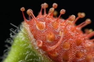 A close up of a plant with many small, red, spiky things photo