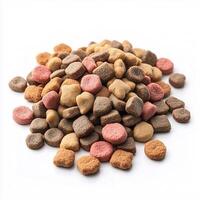Pile of Multicolored Dry Cat or Dog Food on White Background photo