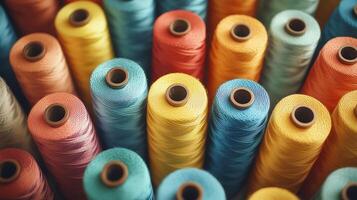 many spools of colorful thread are shown photo
